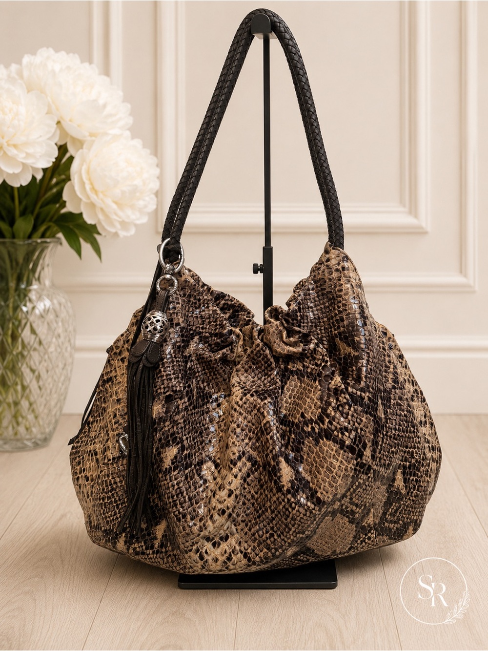 Brighton Nolita Snakeskin Print Leather Hobo Bag Python Tassel Large - Picture 4 of 13